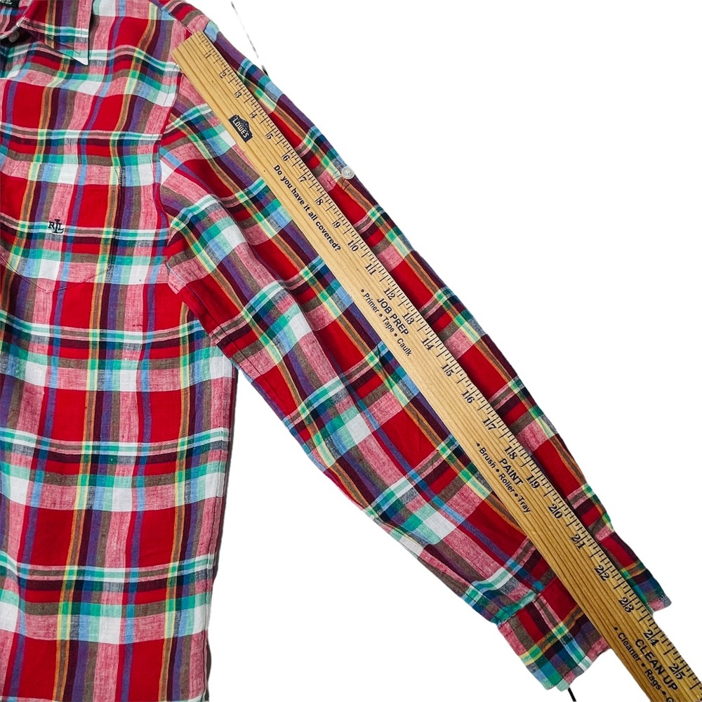 Lauren Ralph Lauren Red Plaid Linen Button Down Top Size Medium - Picture 10 of 11